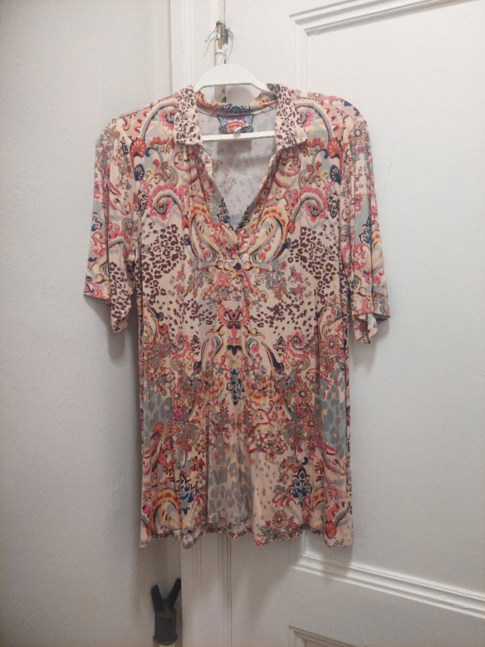 Johnny Was Jungle Paisley Short Sleeve Polo Swing Tee Top Shirt Boho Chic L